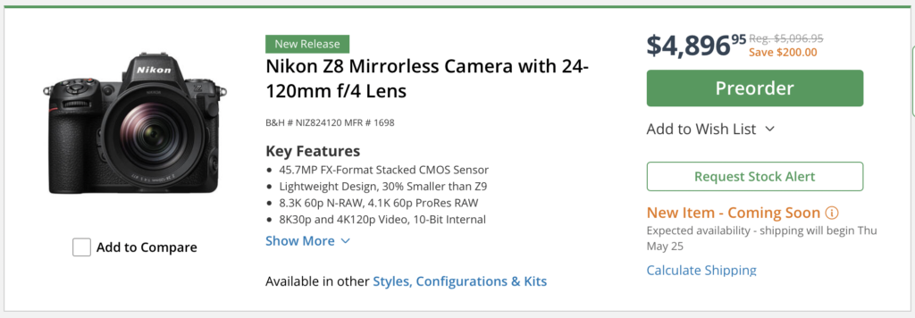 Nikon Z8 Mirrorless Camera with 24-120mm f/4 Lens - 1698